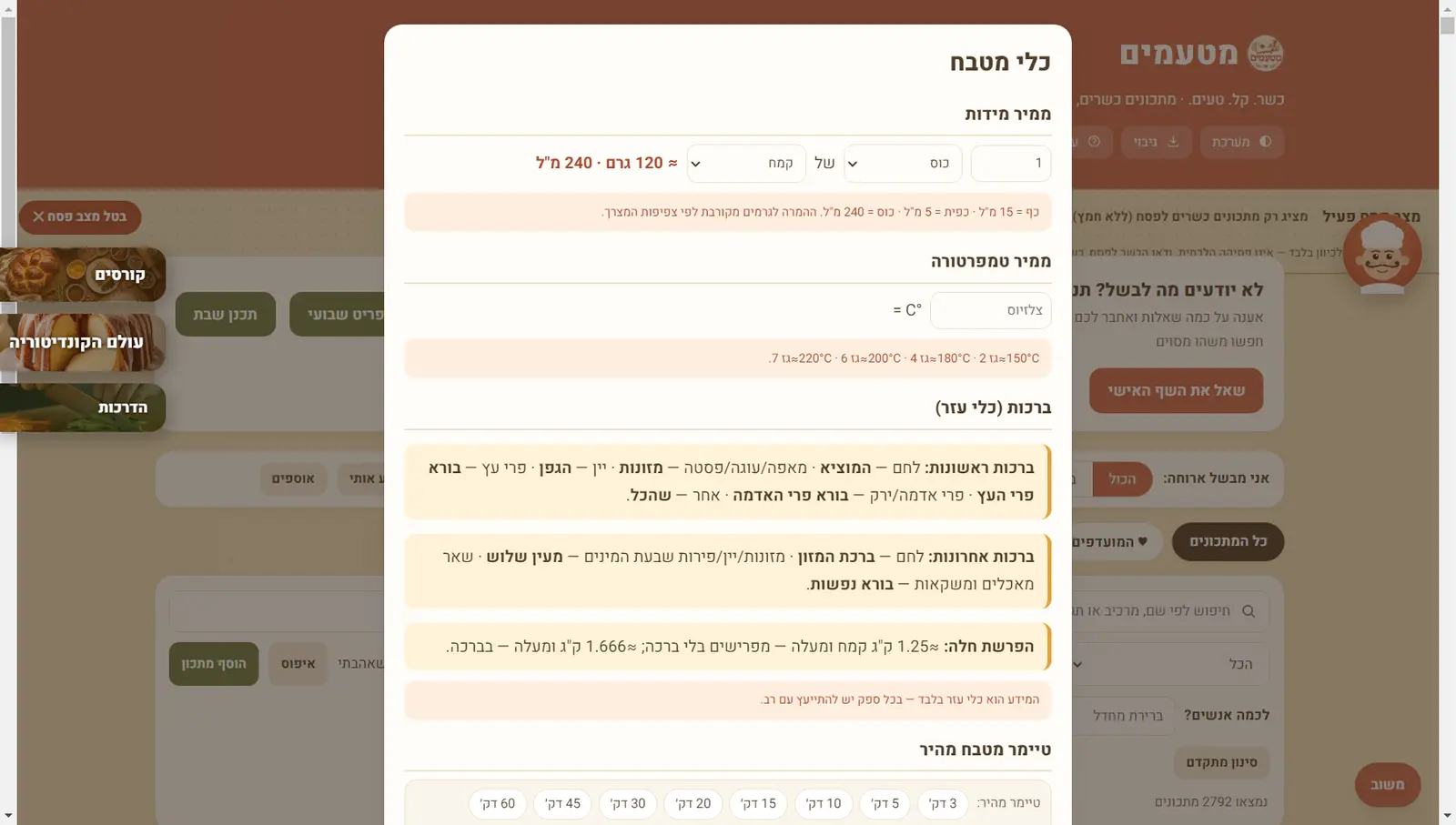 חלון כלי מטבח: ממיר מידות מכוס לגרמים, ממיר טמפרטורה לגז, ברכות ראשונות ואחרונות, שיעור הפרשת חלה וטיימר מהיר